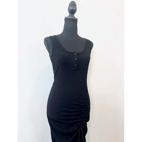 Halara U Neck Bodycon Midi Dress in Black Size XS Sleeveless Ruched Knit Ribbed - Picture 4 of 5